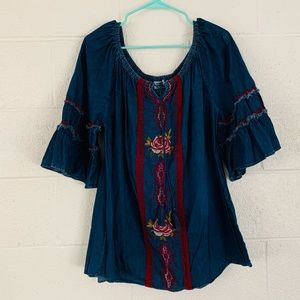 Lace and Embroidered Denim Top